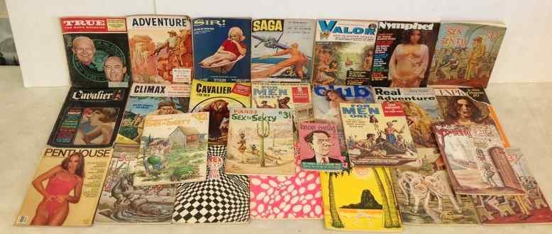 26 MEN'S MAGAZINES, 1950'S-80'S, INCLUDING PENTHOUSE,: 26 MEN'S MAGAZINES, 1950'S-80'S, INCLUDING PENTHOUSE, MEN ONLY, SEX TO SEXTY, TRUE, CAVALIER, AND OTHERS, COVRES HAVE WEAR, AS PICTURED