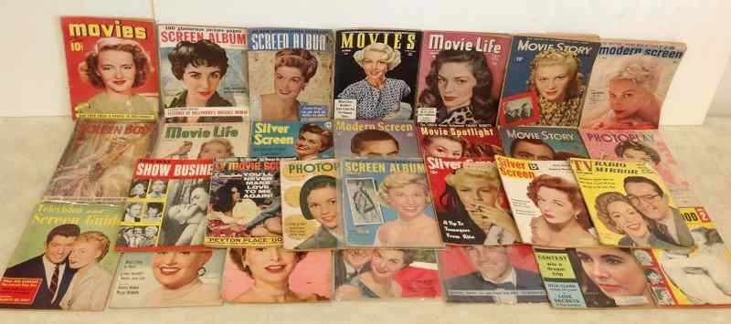 28-MOSTLY 1940'S-50'S MOVIE MAGAZINES, INCLUDING SILVER: 28-MOSTLY 1940'S-50'S MOVIE MAGAZINES, INCLUDING SILVER SCREEN, SCREEN ALBUM, MODERN SCREEN, PHOTPLAY, MOVIE LIFE, MOVIE STORY AND OTHERS, HAVE WEAR, AS PICTURED