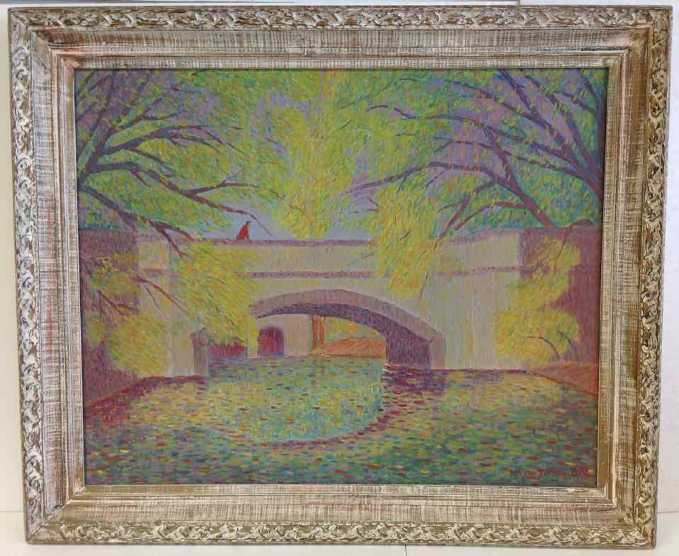 NELSON TINNEY IMPRESSIONIST O/C PERSON WALKING OVER: NELSON TINNEY IMPRESSIONIST O/C PERSON WALKING OVER BRIDGE, DATED 1970. CANVAS MEASURES 24" X 30".