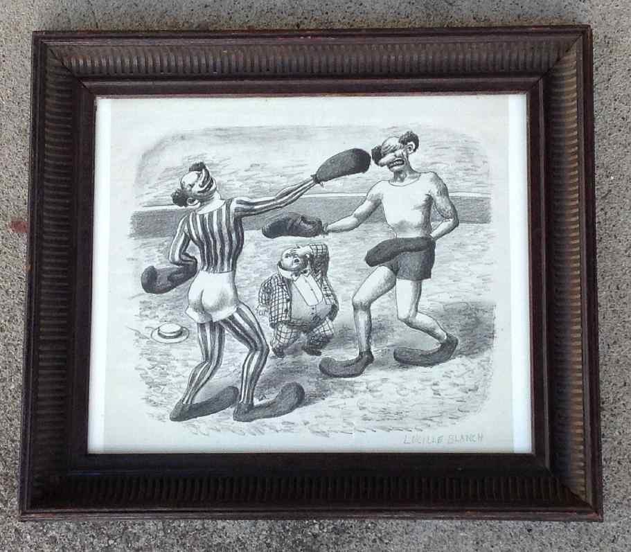 LUCILLE BLANCH SIGNED PRINT CLOWNS BOXING, PRINT: LUCILLE BLANCH SIGNED PRINT CLOWNS BOXING, PRINT MEASURES 11 1/2" X 11 3/4", AS PICTURED