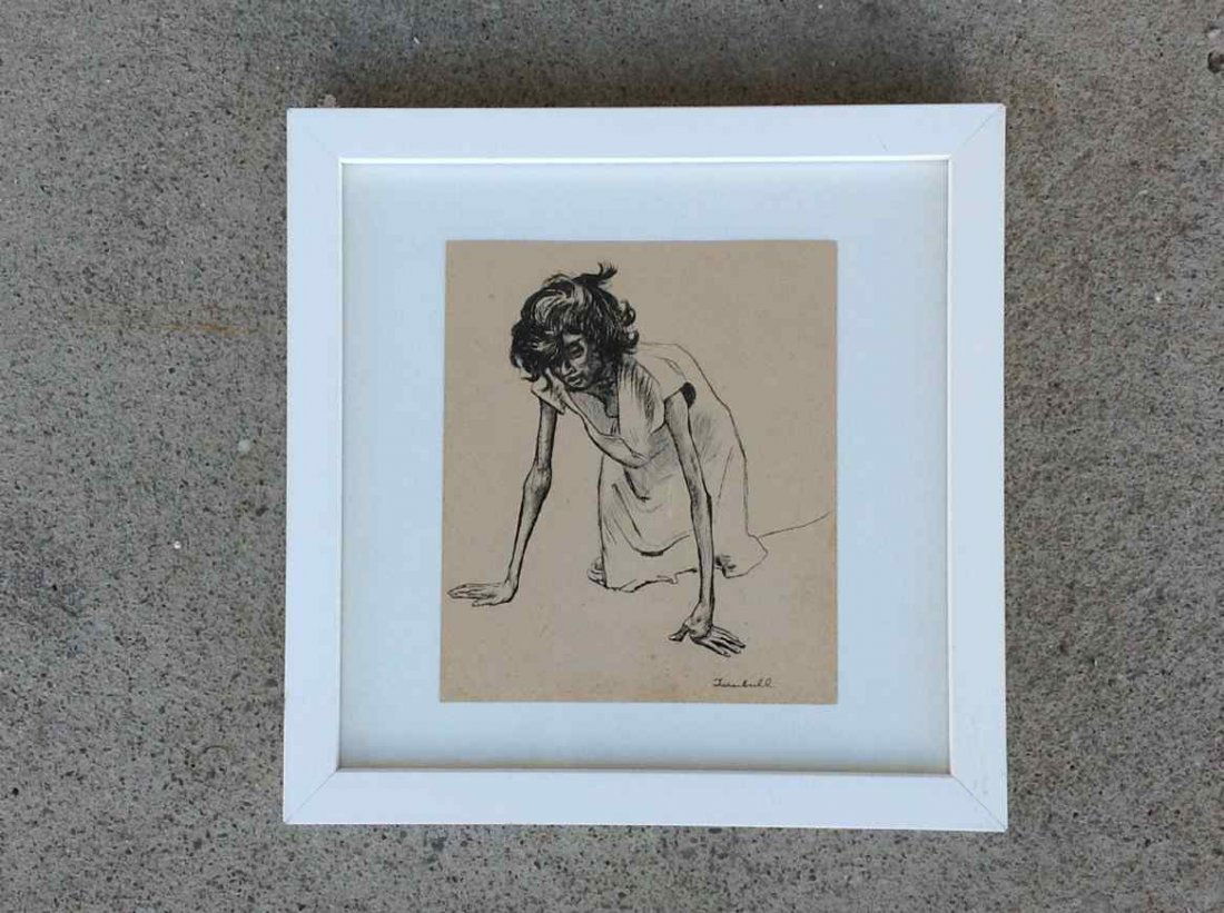 JAMES TURNBULL PEN AND INK DRAWING OF WOMAN ON HANDS: JAMES TURNBULL PEN AND INK DRAWING OF WOMAN ON HANDS AND KNEES, DRAWING MEASURES 7 1/2" X 6 1/2", AS PITCURED