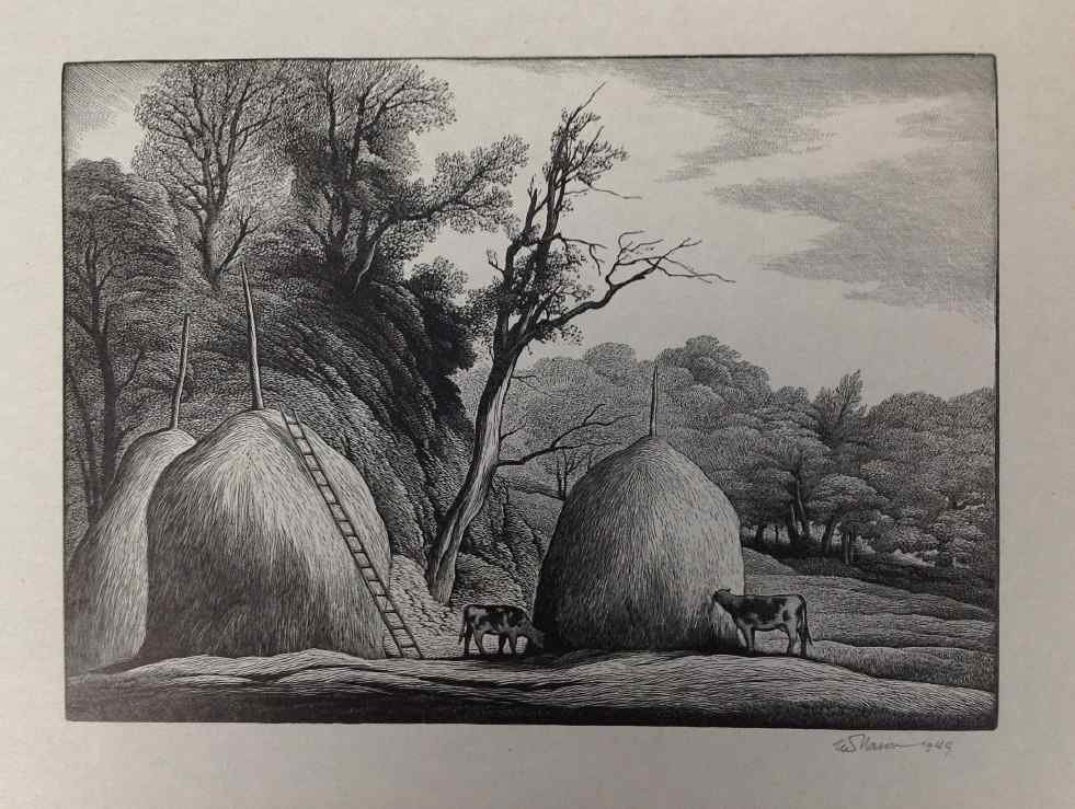 THOMAS W NASON SIGNED WOOD ENGRAVING TITLED HAYSTACKS,: THOMAS W NASON SIGNED WOOD ENGRAVING TITLED HAYSTACKS, DATED 1949, MEASURES 10 1/2" X 12 1/2", AS PICTURED