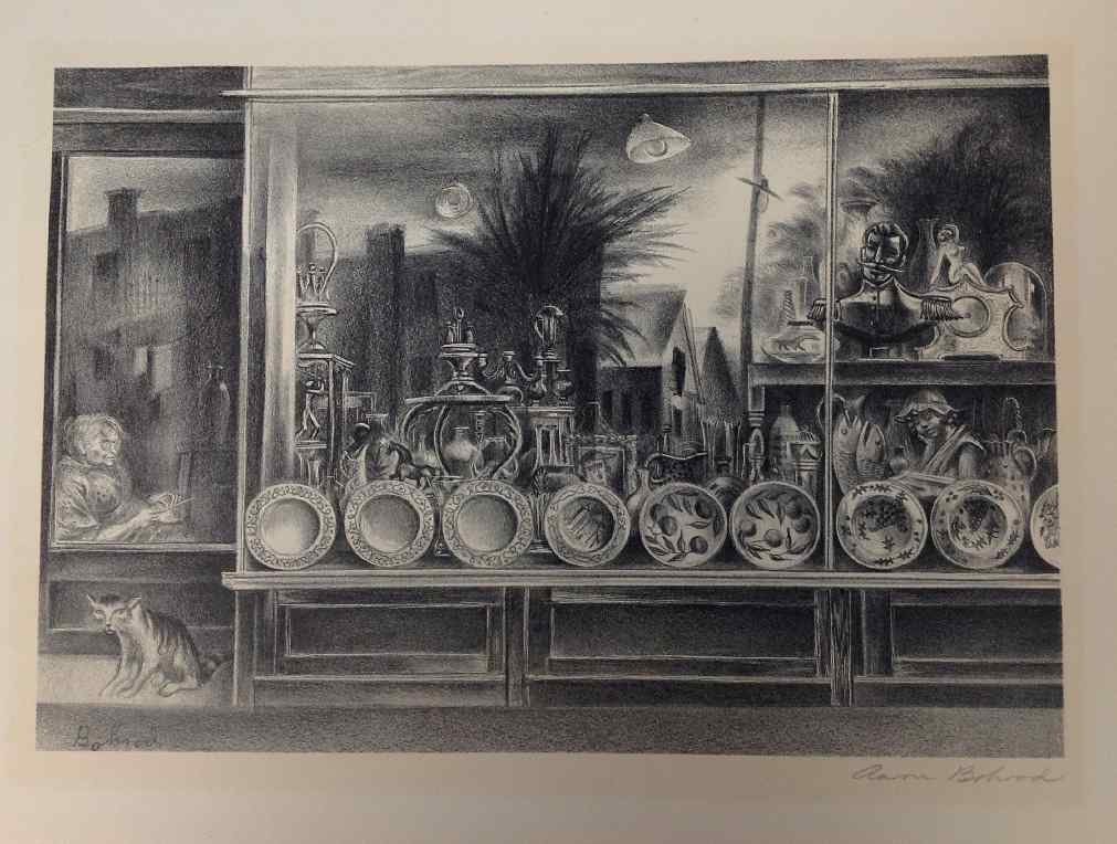 AARON BOHROD SIGNED LITHOGRAPH TITLED REFLECTIONS IN A: AARON BOHROD SIGNED LITHOGRAPH TITLED REFLECTIONS IN A SHOP WINDOW, PLATE MEASURES 12 1/2" X 16", AS PICTURED