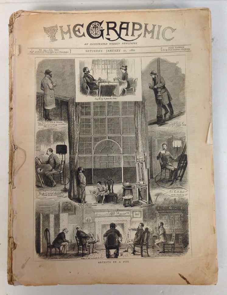 1880 BOUND "THE GRAPHIC" NEWSPAPER, WONDERFUL: 1880 BOUND "THE GRAPHIC" NEWSPAPER, WONDERFUL ILLUSTRATIONS AND ADVERTISING THROUGHOUT. STARTS JANUARY 31, 1880 - JUNE 26, 1880. SOME TATTERING IN BACK PAGES.