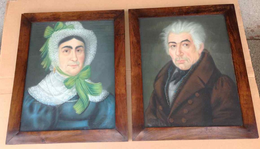 PAIR CIRCA 1840'S PASTEL PORTRAITS OF MAN AND WOMAN IN: PAIR CIRCA 1840'S PASTEL PORTRAITS OF MAN AND WOMAN IN PERIOD ROSEWOOD FRAMES, OLD GERMAN NEWSPAPER ON BACK, AS PICTURED , PORTRAITS MEASURE 23" X 18", AS PICTURED