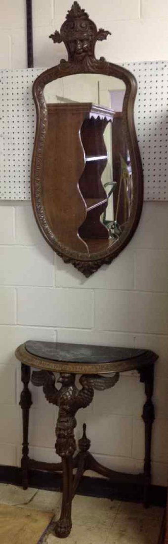 CIRCA 1910 WALNUT M/TOP CONSOLE & MIRROR, WITH CARVED (1 of 5)