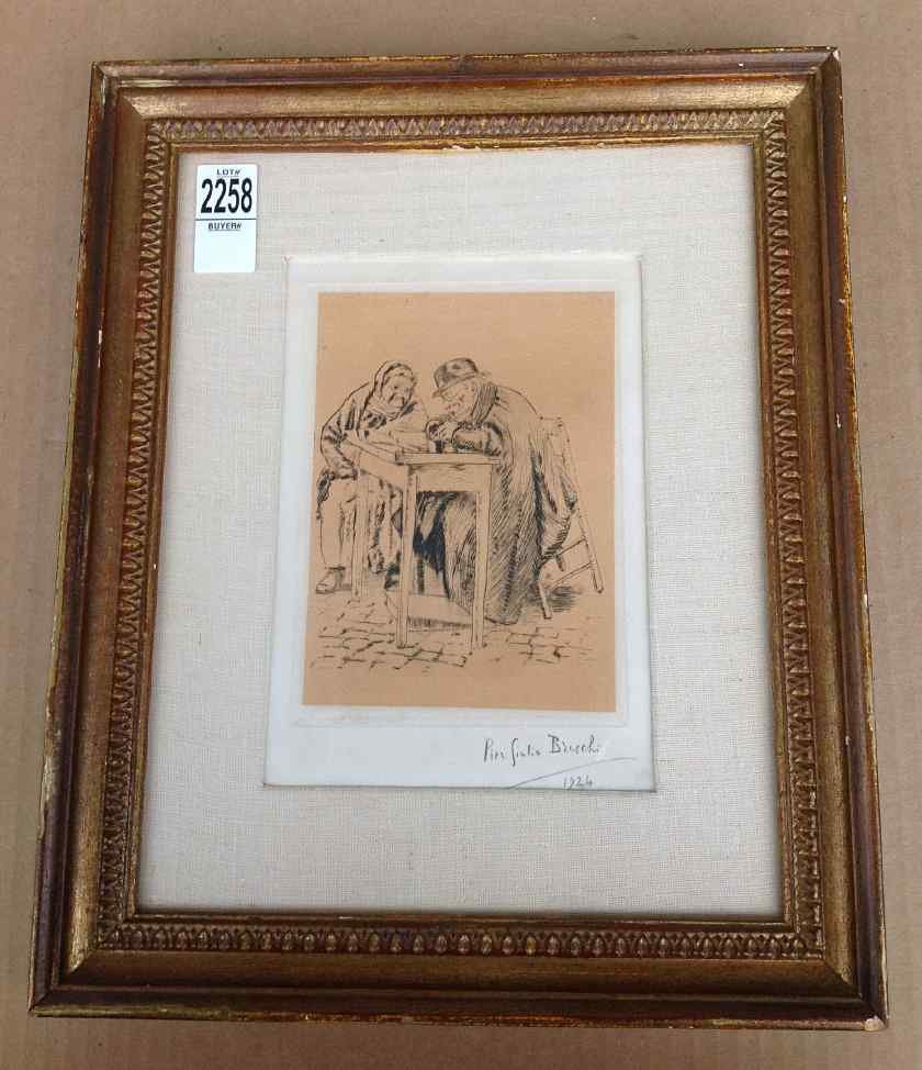 PRINT OF MAN AND WOMAN SEATED AT TABLE, 1924, SIGNATURE: PRINT OF MAN AND WOMAN SEATED AT TABLE, 1924, SIGNATURE LOOKS LIKE PIER SINLIO BRUCHI(?), PRINT MEASURES 9" X 6 1/2", AS PICTURED