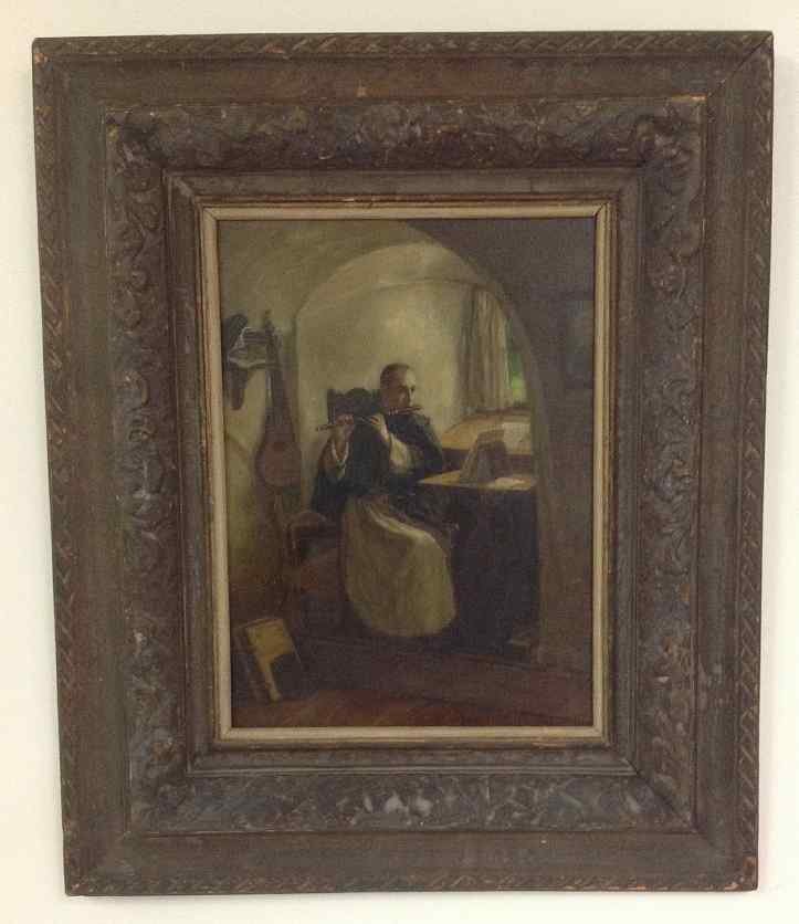 19TH C O/WOOD PANEL MAN PLAYING FLUTE, HE IS DRESSED IN (1 of 2)