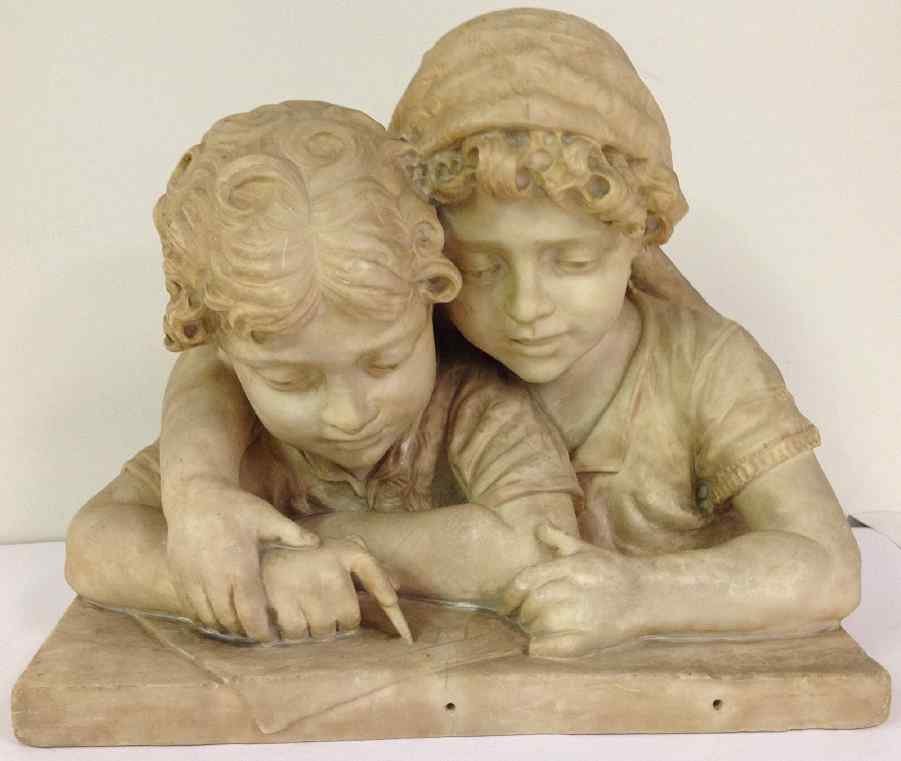 19TH C MARBLE BUST OF WOMAN HELPING CHILD WRITE, (1 of 8)