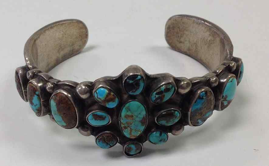 NATIVE AMERICAN SILVER & TURQUOISE BRACELET, UNMARKED, (1 of 3)
