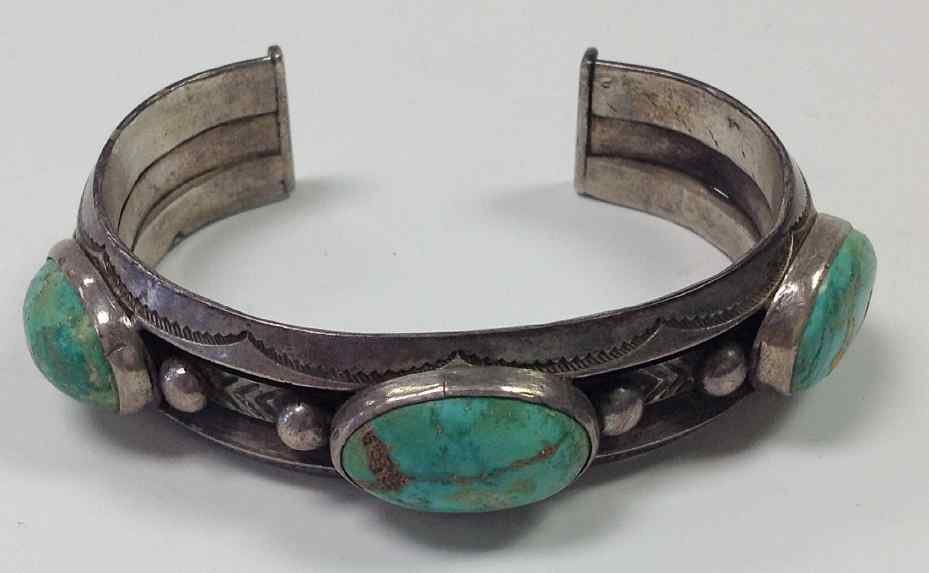 NATIVE AMERICAN SILVER & TURQUOISE BRACELET, UNMARKED, (1 of 3)