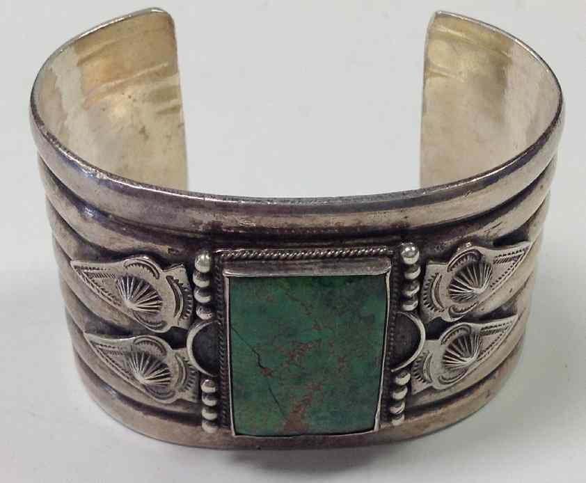 NATIVE AMERICAN SILVER & TURQUOISE WIDE BRACELET WITH (1 of 4)