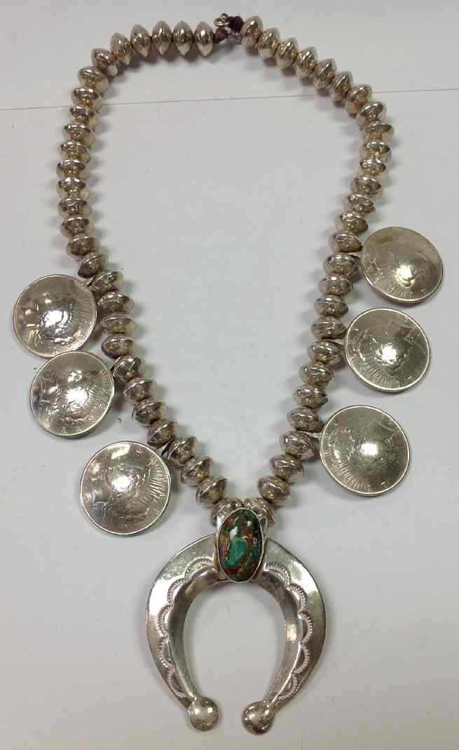 30.74 OZ SILVER & TURQUOISE SQUASH BLOSSOM NECKLACE (1 of 6)