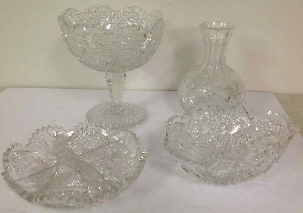4 PCS CUT GLASS, INCLUDING COMPOTE BOWL, MEASURES 9" (1 of 5)