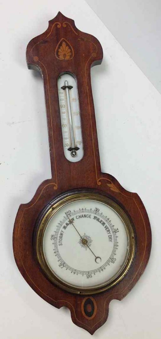 EARLY INLAID BAROMETER, MILK GLASS ON TOP, MEASURES (1 of 3)