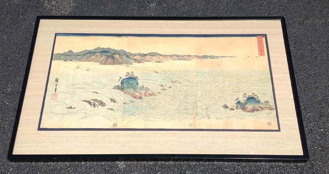 LARGE 3 PART JAPANESE WOODBLOCK OCEAN PRINT SCENE, (1 of 3)