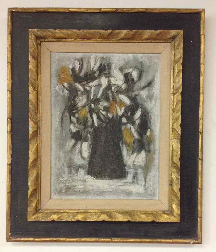 MID CENTURY O/B IMPRESSIONIST STILL LIFE, FLOWERS IN: MID CENTURY O/B IMPRESSIONIST STILL LIFE, FLOWERS IN VASE, UNSIGNED, TODD GALLERY LABEL ON BACK, CANVAS MEASURES 16" X 12", AS PICTURED