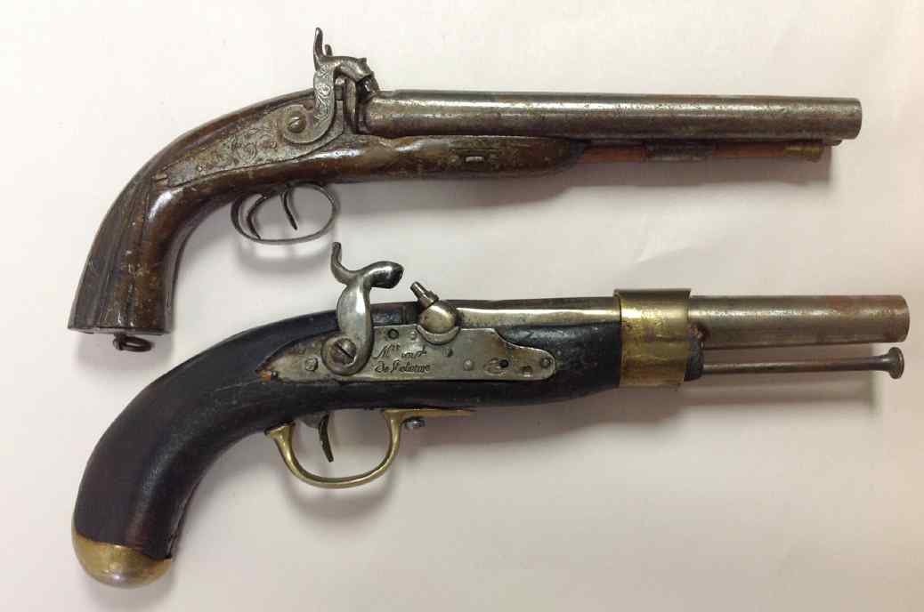 (2) EARLY PISTOLS, PROBABLY EUROPEAN.  ONE HAS WRITING (1 of 3)