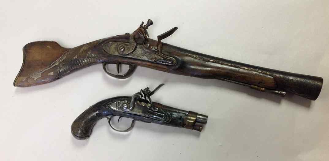 (2) AS FOUND FLINT LOCK PISTOLS, FROM ESTATE, SAME (1 of 3)