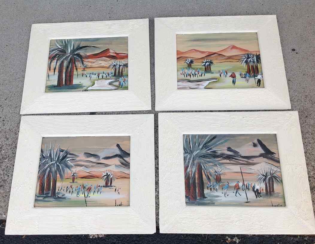 4 FLETCHER MARTIN GOAUCHES, TROPICAL SCENES IN WHITE: 4 FLETCHER MARTIN GOAUCHES, TROPICAL SCENES IN WHITE FRAMES, FRAMES MEASURE 17" X 20", FROM WOODSTOCK ESTATE, AS PICTURED