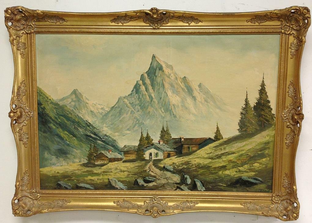 IMPRESSIONIST O/C LANDSCAPE WITH HOUSE AND SNOW CAPPED (1 of 2)