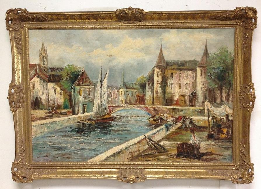 IMPRESSIONIST O/C CANAL SCENE WITH BOATS, BUILDINGS, (1 of 2)