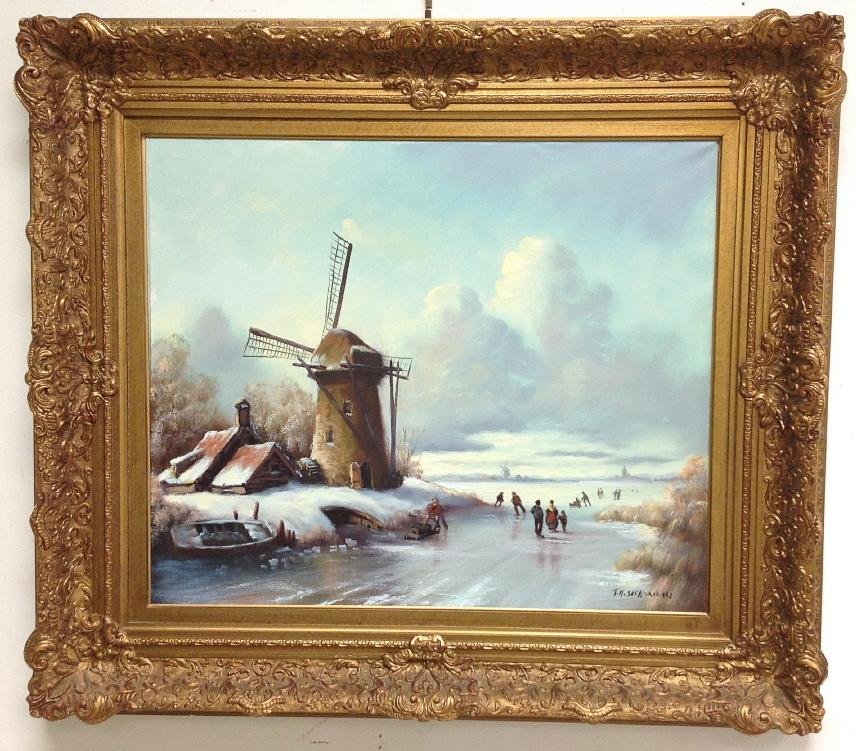 O/C SKATERS BY WINDMILL, SIGNED ILLEDGIBLY LOWER RIGHT (1 of 2)