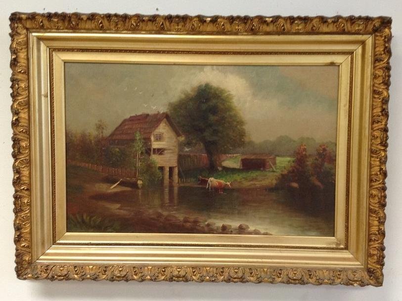 19TH C O/C COWS GRAZING BY WATER AND OLD BUILDING ON (1 of 2)