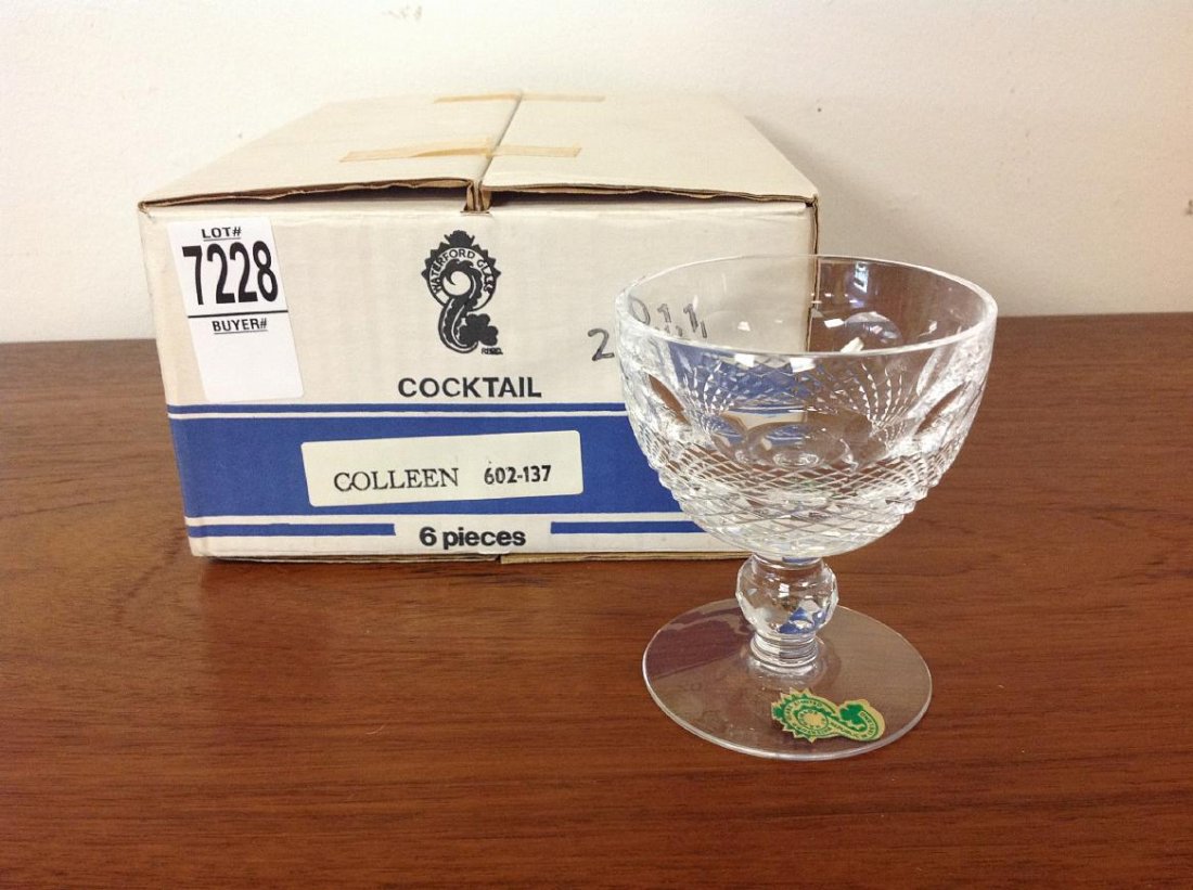 LOT OF 6 WATERFORD COCKTAIL GLASSES WITH LABELS IN: LOT OF 6 WATERFORD COCKTAIL GLASSES WITH LABELS IN ORIGINAL BOX, UNUSED, MEASURE 3 1/2" TALL, 3" ACROSS, PATTERN IS COLLEEN, AS PICTURED