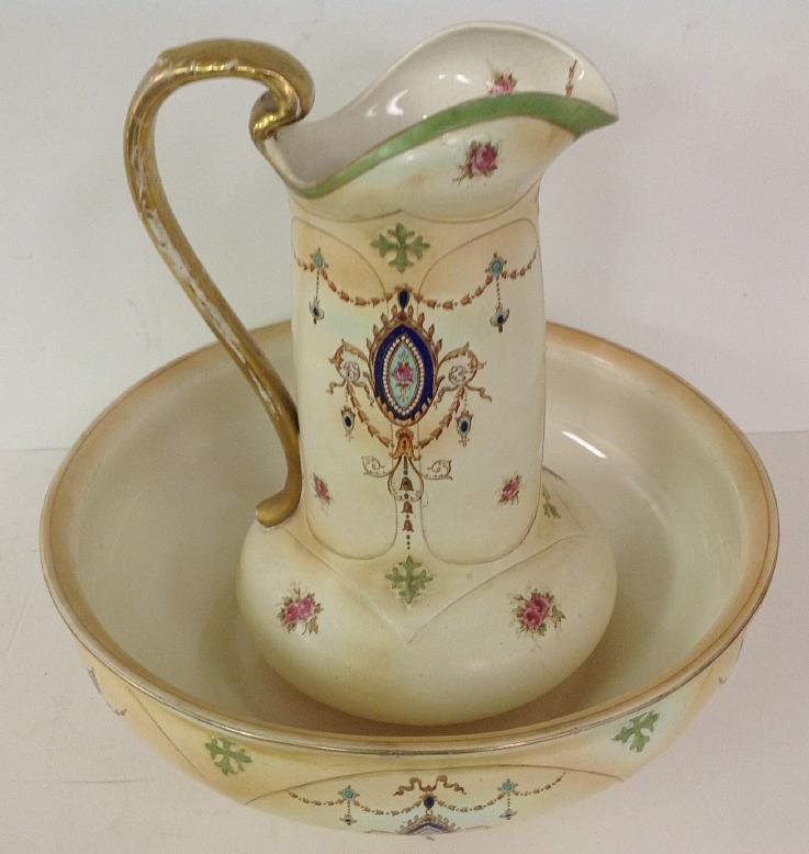 LARGE FLORAL WASH BOWL AND PITCHER, HAS GOLD TRIM, (1 of 2)