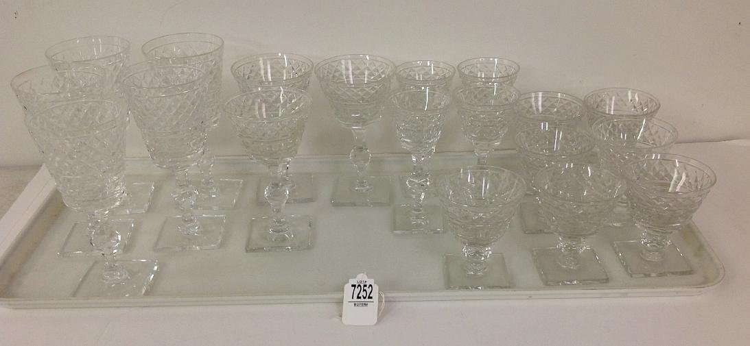 HAWKES SQUARE BASE GLASSES, 5 WATER GOBLETS (1: HAWKES SQUARE BASE GLASSES, 5 WATER GOBLETS (1 CHIPPED), 3 WINE GLASSES (1 CHIPPED), 4 SHERRY GLASSES, 7 COCKTAIL GLASSES (1 CHIPPED), AS PICTURED