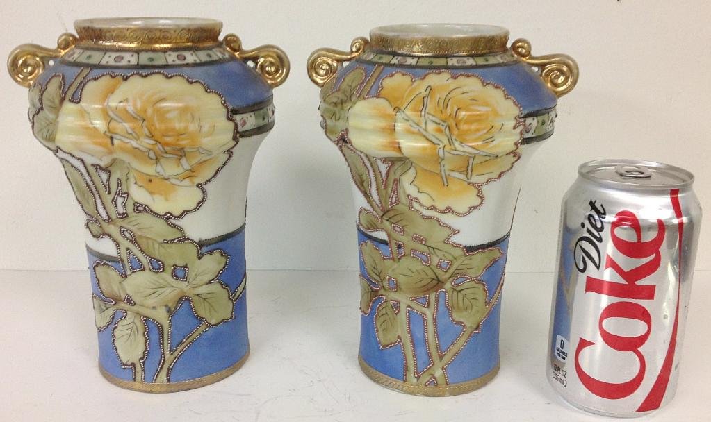 PAIR NIPPON HANDPAINTED FLORAL VASES, SIGNED ON BOTTOM (1 of 3)
