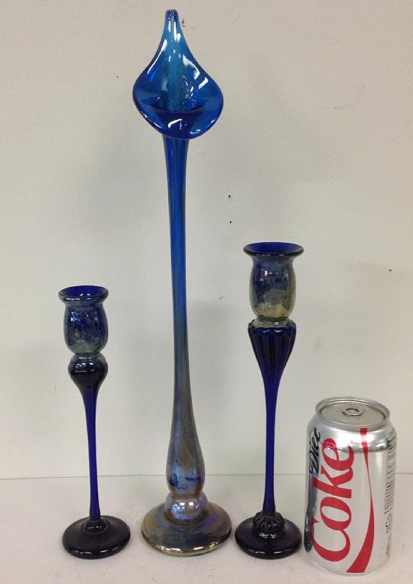 (3) KEITH BOWLBY ART GLASS HAND BLOWN CANDLESTICKS &: (3) KEITH BOWLBY ART GLASS HAND BLOWN CANDLESTICKS & TALL VASE. ALL CIRCA LATE 1970'S. CANDLESTICKS MEASURE 8 3/4" , 9 3/4" AND VASE 16 1/4". ALL IN VERY NICE CONDITION.