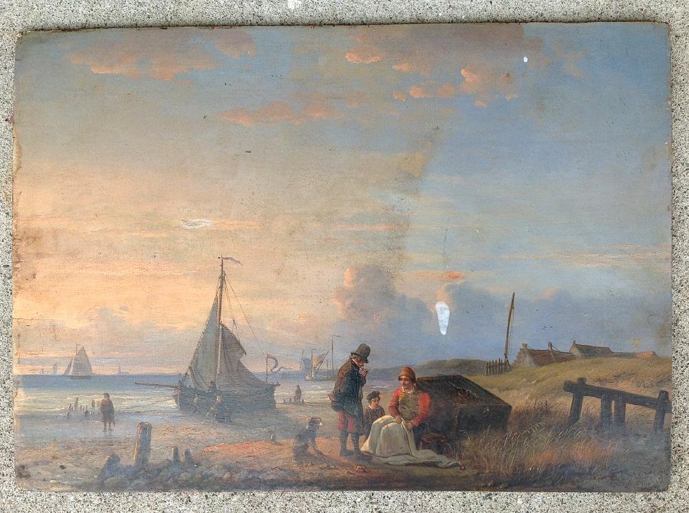 EUROPEAN O/B SCENE WITH FISHING BOATS, MAN MENDING NET, (1 of 5)