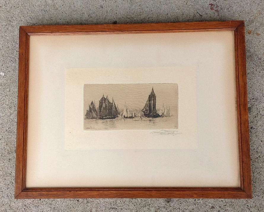 STEPHEN PARRISH SIGNED ETCHING OF SAILBOATS, PRINT: STEPHEN PARRISH SIGNED ETCHING OF SAILBOATS, PRINT MEASURES 6 1/2" X 8 1/2", IN PERIOD OAK FRAME, SIGNED LOWER RIGHT, AS PICTURED