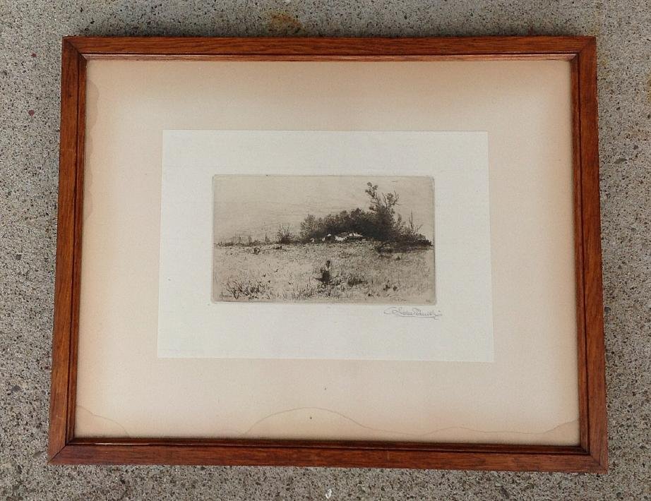 STEPHEN PARRISH SIGNED ETCHING OF WOMAN IN FIELD WITH: STEPHEN PARRISH SIGNED ETCHING OF WOMAN IN FIELD WITH HOUSE IN BACKGROUND, PRINT MEASURES 6 1/2" X 8 1/2", IN PERIOD OAK FRAME, SIGNED LOWER RIGHT, AS PICTURED