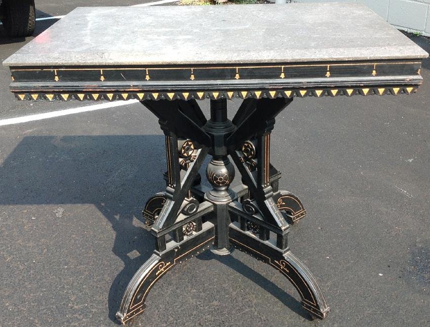 VICTORIAN EBONIZED MARBLE TOP TABLE WITH GOLD TRIM. (1 of 3)