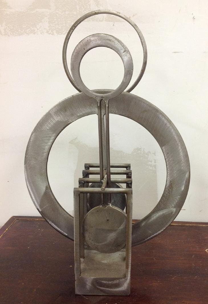 BRUCE STILLMAN BRUSHED STEEL KINETIC SCULPTURE, SIGNED: BRUCE STILLMAN BRUSHED STEEL KINETIC SCULPTURE, SIGNED AND DATED 1979. MEASURES 20 1/2" HIGH, IN EXCELENT WORKING ORDER, MOVING FREELY.