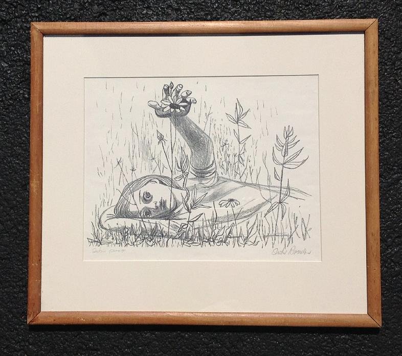 ANTON REFREGIER SIGNED PRINT, YOUNG GIRL WITH DAISIES, (1 of 2)