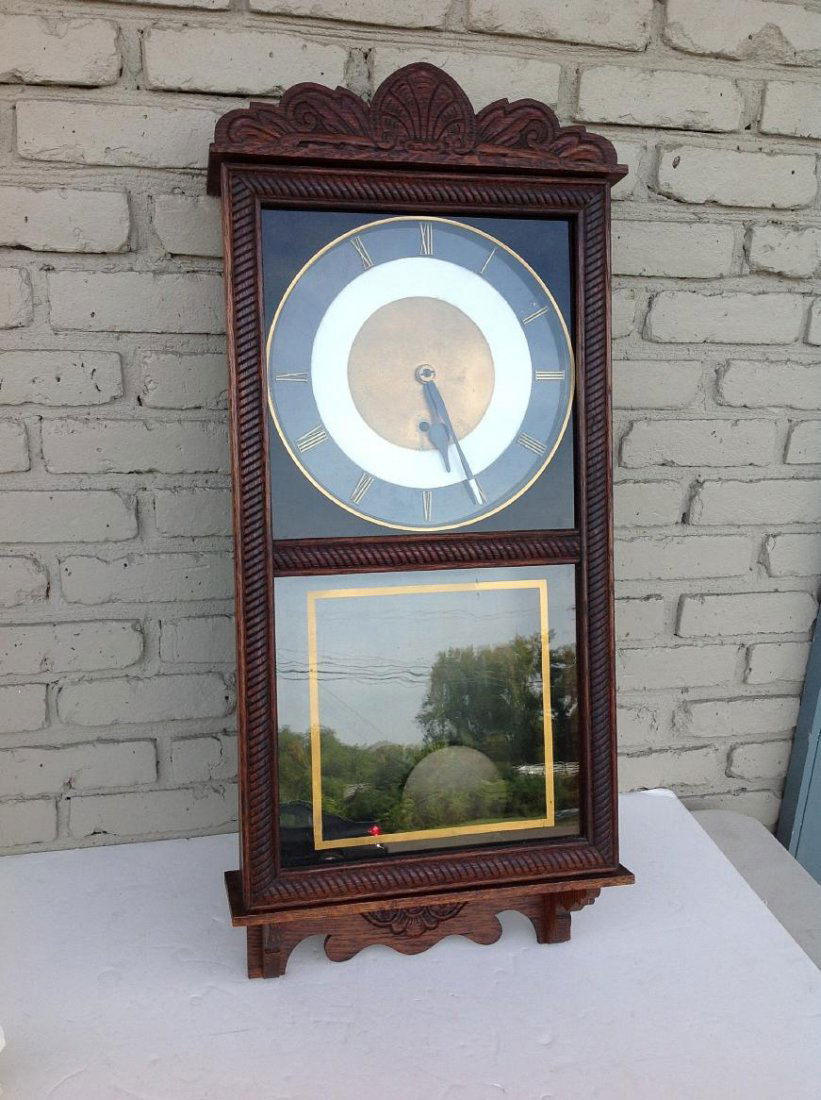 CIRCA 1900 OAK REGULATOR WALL CLOCK, CARVED CASE, (1 of 2)