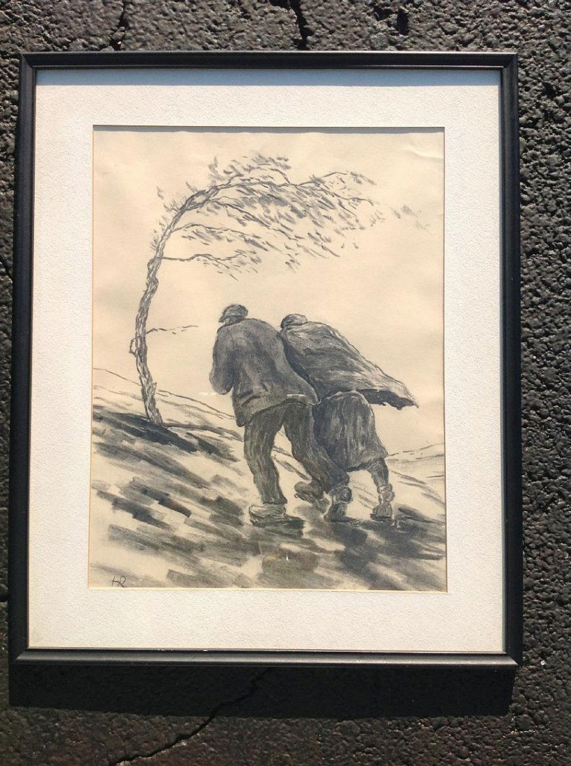 HANS ROOS DRAWING OF 2 PEOPLE WALKING IN WIND. (1 of 2)
