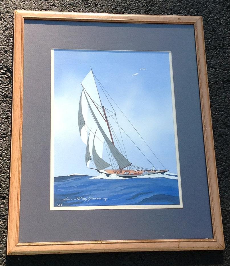 LEON HAFFNER W/C AND GOAUCHE OF SAILBOAT, SIGNED LOWER: LEON HAFFNER W/C AND GOAUCHE OF SAILBOAT, SIGNED LOWER LEFT, FRAMED AND MATTED, W/C MEASURES 16 3/4" X 12 1/4", (967016), AS PICTURED