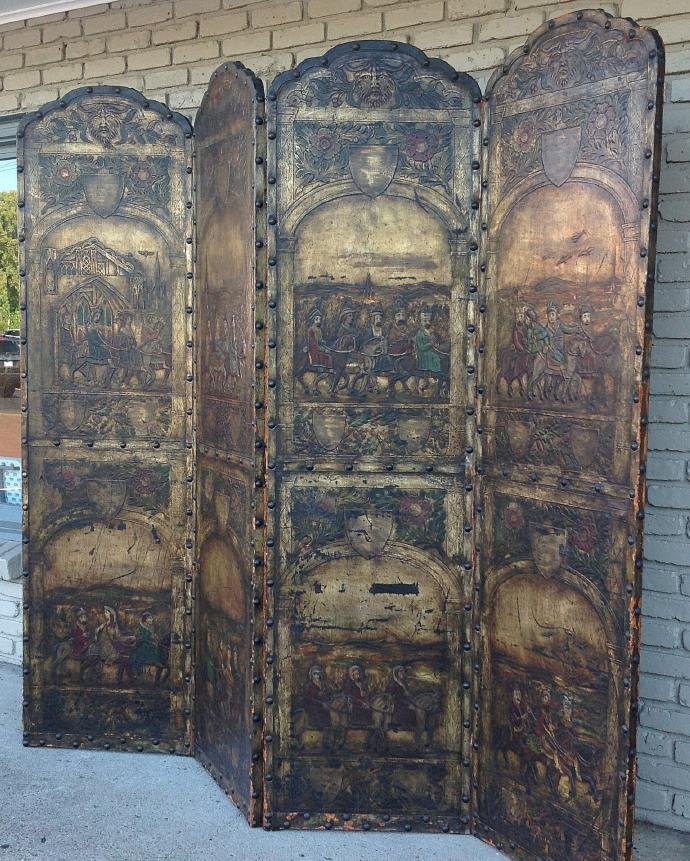 CIRCA 1820'S LEATHER SCREEN DEPICTING THE CANTEBURY: CIRCA 1820'S LEATHER SCREEN DEPICTING THE CANTEBURY PILGRIMS, ORIGINAL LITHOGRAPH BY WILLIAM BLAKE, EACH PANEL MEASURES 82 1/2" X 22", SOME SEPARATION IN LEATHER SPINE WHERE PANELS MEET, WONDERFUL WOR