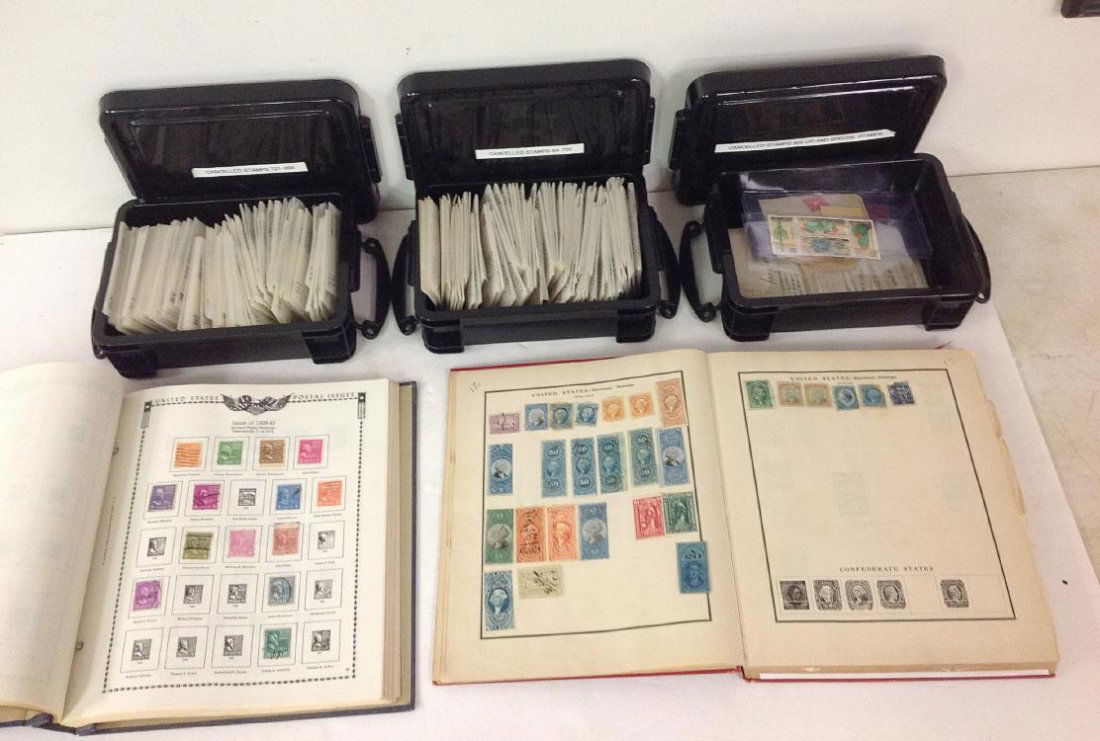 LOT OF 2 STAMP ALBUMS AND 3 CONTAINERS OF USED STAMPS (1 of 3)