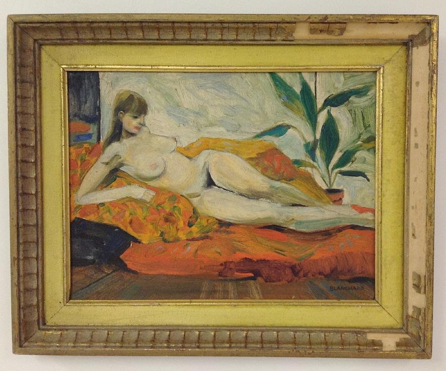 ROBERT BLANCHARD O/B NUDE WITH PLANT, CIRCA 1960'S.: ROBERT BLANCHARD O/B NUDE WITH PLANT, CIRCA 1960'S. SIGNED LOWER RIGHT, SOME FLAKING ON FRAME. PAINTING MEASURES 12" X 16". DIRECTLY FROM HIS ESTATE.