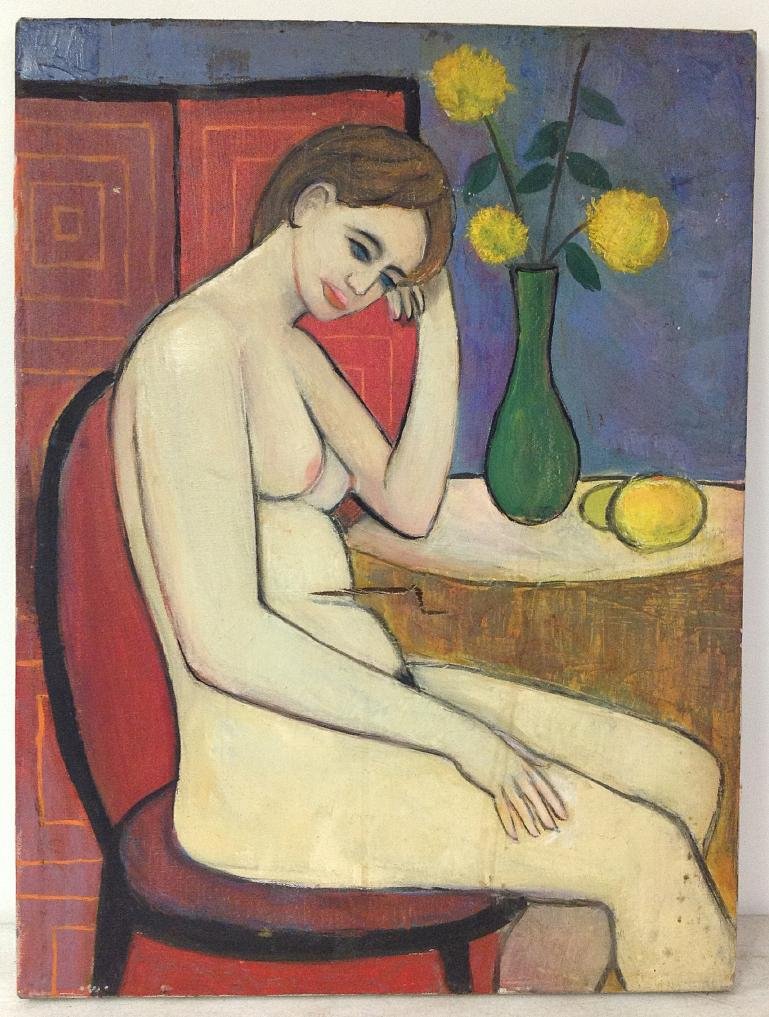 ROBERT BLANCHAD O/C NUDE WOMAN SEATED AT TABLE WITH: ROBERT BLANCHAD O/C NUDE WOMAN SEATED AT TABLE WITH VASE AND FLOWERS, CIRCA 1960'S,TEAR IN CENTER OF CANVAS, MEASURES 24" X 18", DIRECTLY FROM HIS ESTATE