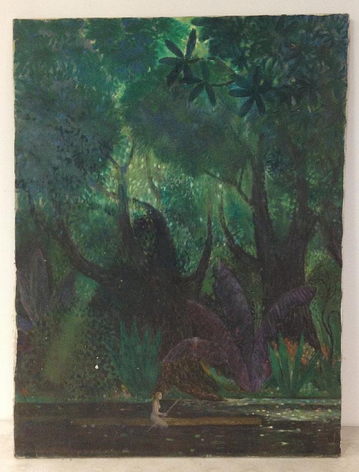 ROBERT BLANCHARD O/C NUDE WOMAN ON LOG IN RIVER, JUNGLE: ROBERT BLANCHARD O/C NUDE WOMAN ON LOG IN RIVER, JUNGLE IN BACKGROUND, CIRCA 1960'S, CANVAS MEASURES 40" X 30", DIRECTLY FROM HIS ESTATE