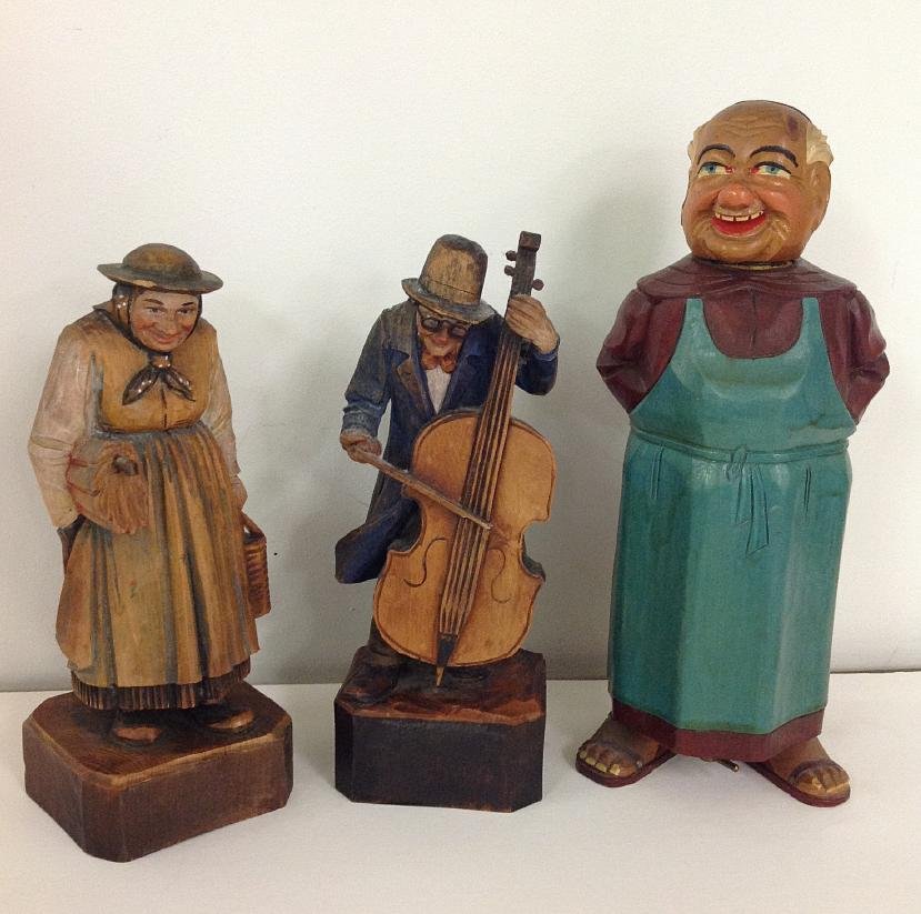 3 EARLY GERMAN CARVED WOOD FIGURES, INCLUDING WIND-UP (1 of 3)
