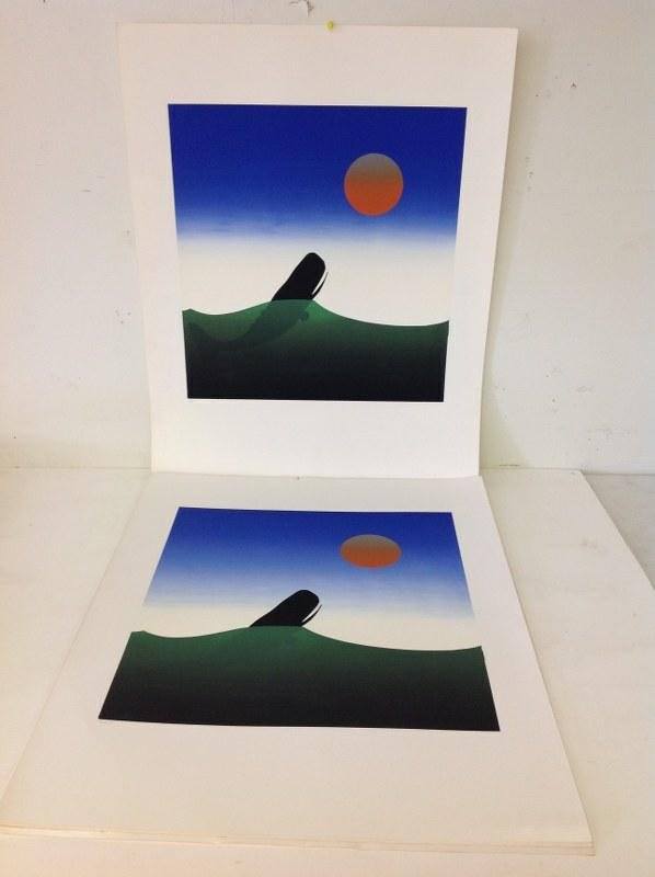 ROBERT BLANCHARD- 85 WHALE SILK SCREEN PRINTS, 80 ARE: ROBERT BLANCHARD- 85 WHALE SILK SCREEN PRINTS, 80 ARE SAVE THE WHALE, 7 SIGNED, MEASURE 29" X 23", DIRECTLY FROM HIS ESTATE, AS PICTURED