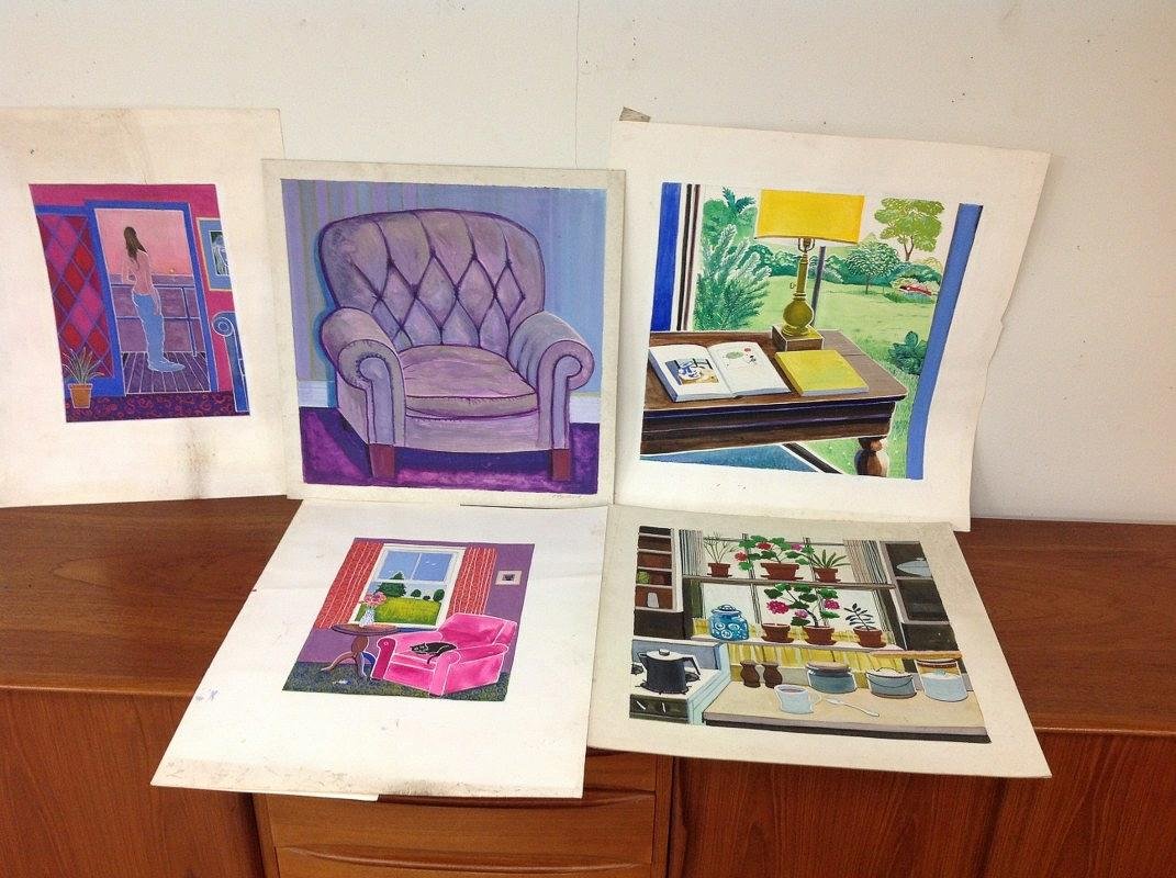 ROBERT BLANCHARD- 5 PAINTINGS, INTERIOR SCENES, 1 WOMAN: ROBERT BLANCHARD- 5 PAINTINGS, INTERIOR SCENES, 1 WOMAN LOOKING OUT AT SEA, LARGEST ONE MEASURES 23" X 23", DIRECTLY FROM HIS ESTATE, AS PICTURED